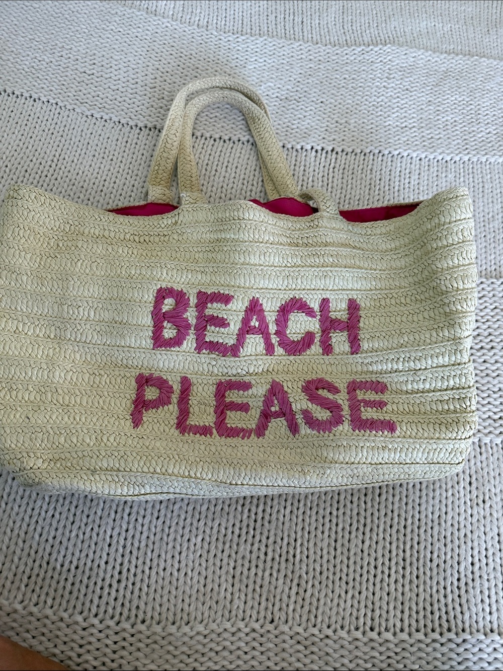 Beach Please Straw Tote Bag with Pink Accent